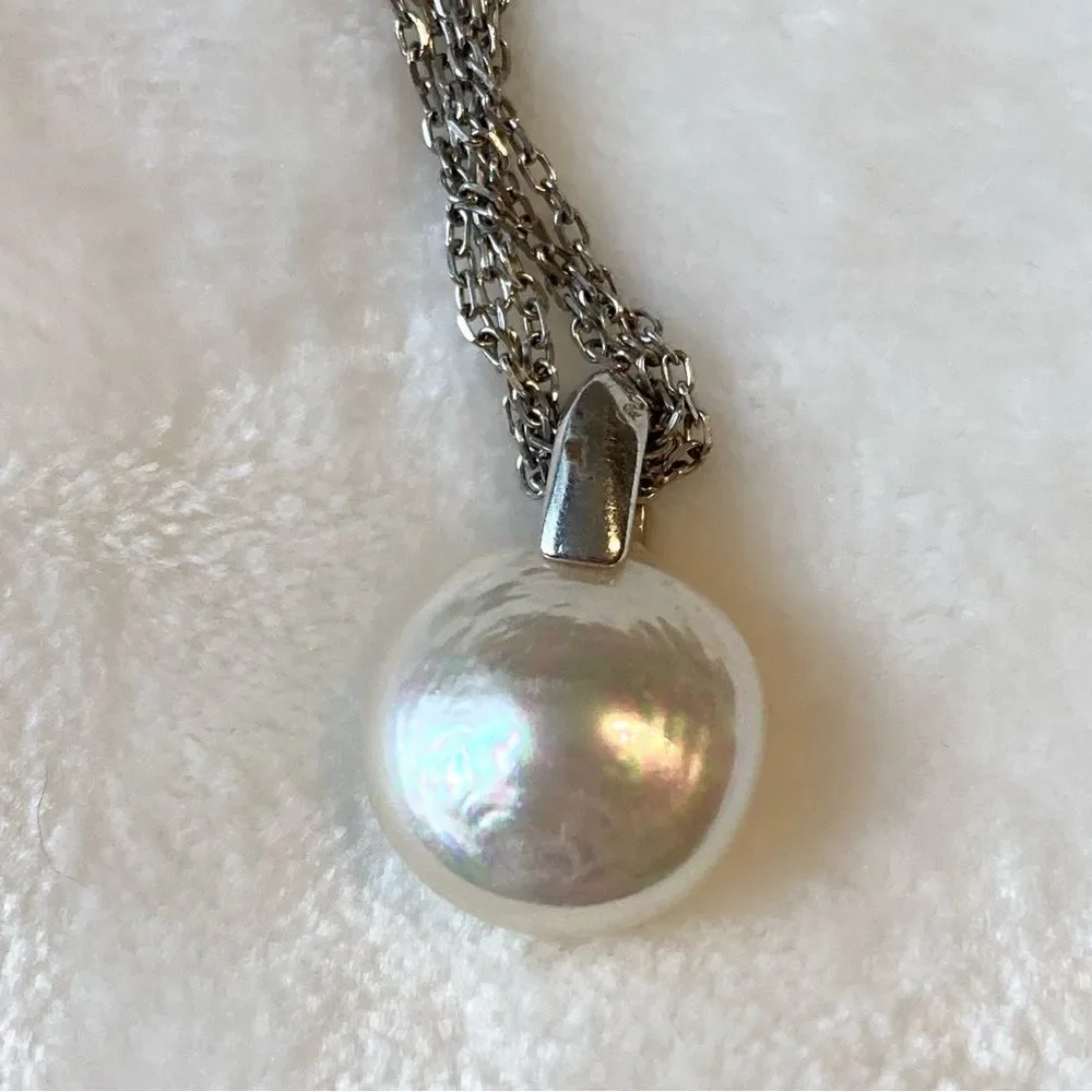 Majorica Sterling Silver Multi Strand Large Simulated Pearl Pendant Necklace